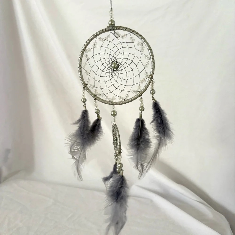 Iridescent beaded dream catcher blue home decor wall hanging
